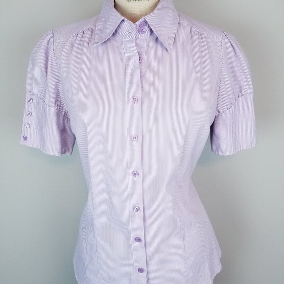 Apt 9 Lavender Pin Striped Button Front Blouse Puff Sleeves Women's Size Medium - Picture 2 of 8